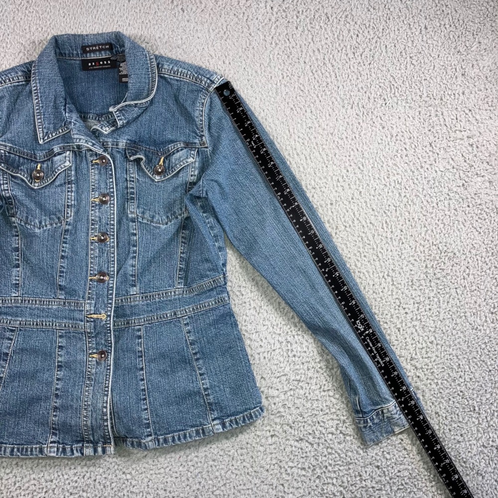 Axcess Denim Jacket Women Medium Blue Stretch Tailored Button Up y2k Peplum Hem - Picture 10 of 10